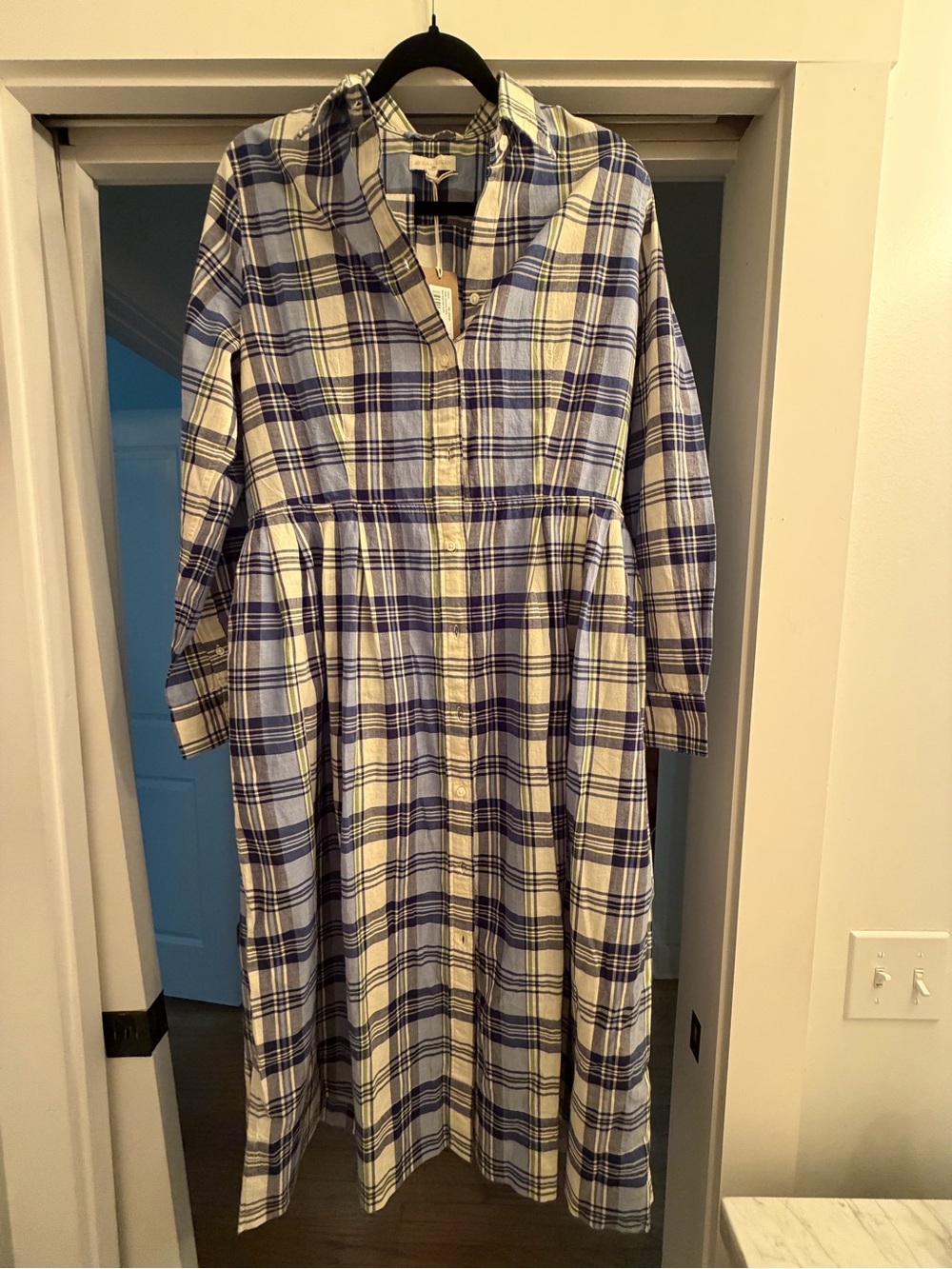 ANN MASHBURN Blue and Cream Plaid Button-Front Dress classic shirtwaist dress